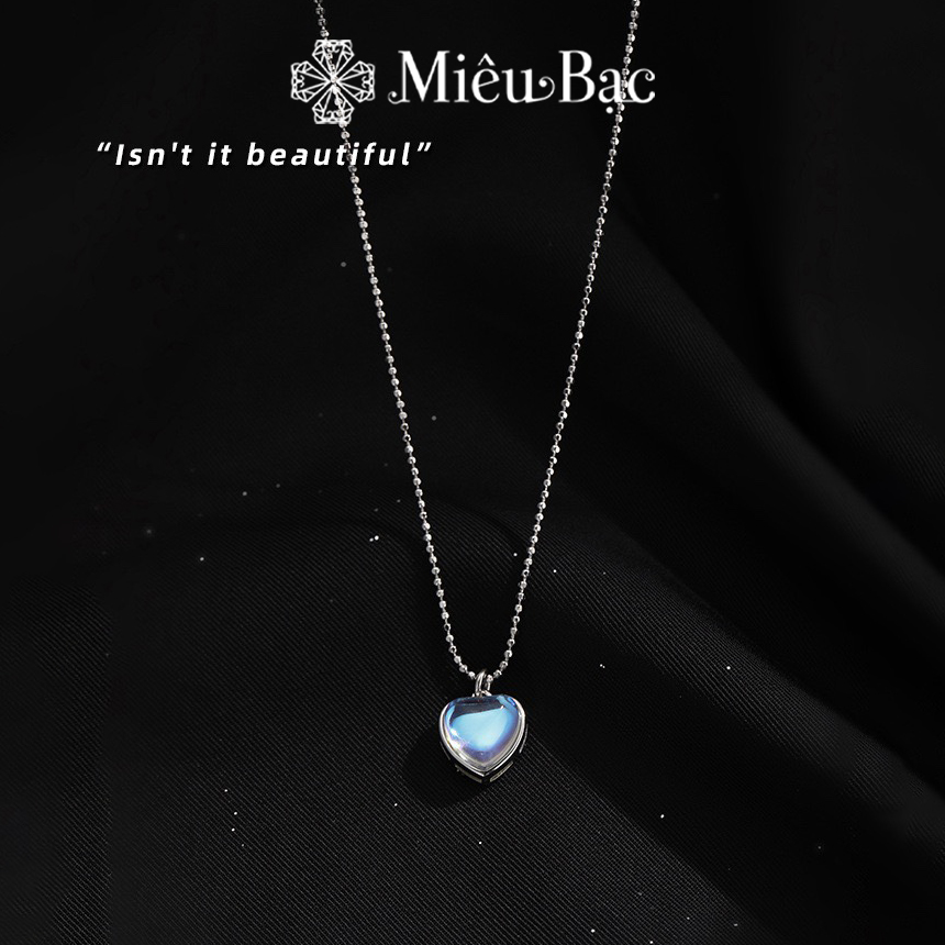 Dây chuyền bạc nữ Miêu Bạc trái tim đá mặt trăng moonstone chất liệu bạc 925 phụ kiện thời trang D000041