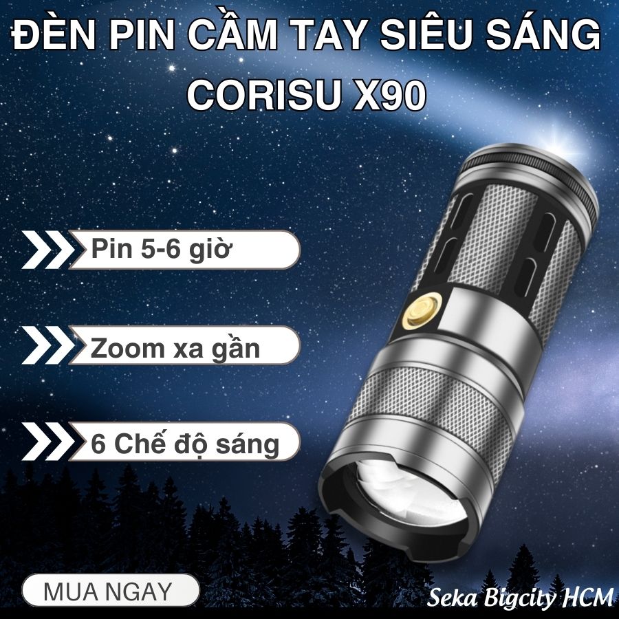 Đèn Pin Cầm Tay Corisu X90 Siêu Sáng - Zoom Xa Gần ~500m - Chống Nước IP45 - Tích Hợp Sạc Ngược Bảo Hành 12 Tháng