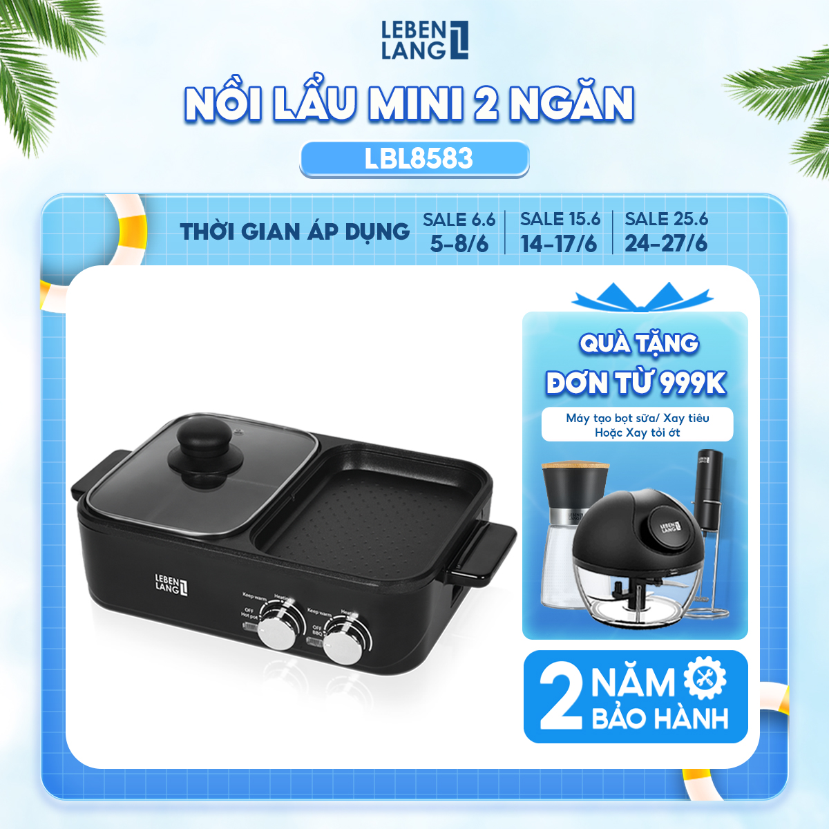  Nồi lẩu điện 2 ngăn mini Lebenlang LBL8583 bếp lẩu nướng 2in1 công suất 1300W 1200ml nhanh gọn tiện lợi - hàng chính hãng 