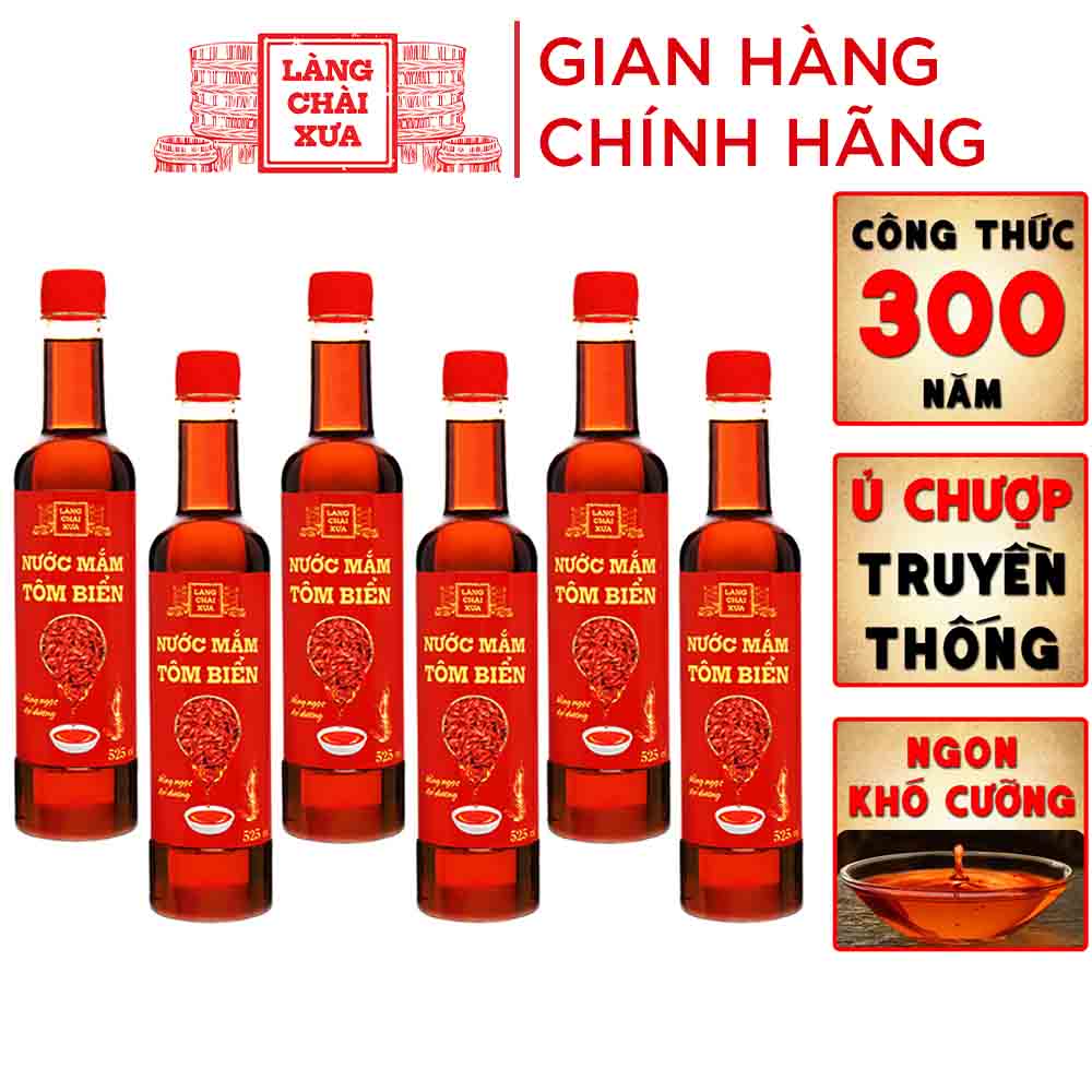 Thùng 6 chai Nước mắm TÔM BIỂN Làng Chài Xưa 525ml Hồng Ngọc Đại Dương 300 năm truyền thống an toàn vệ sinh, vị ngọt từ tôm biển tươi, độ sánh đặc của đạm tôm cho ra hương vị hoàn toàn mới