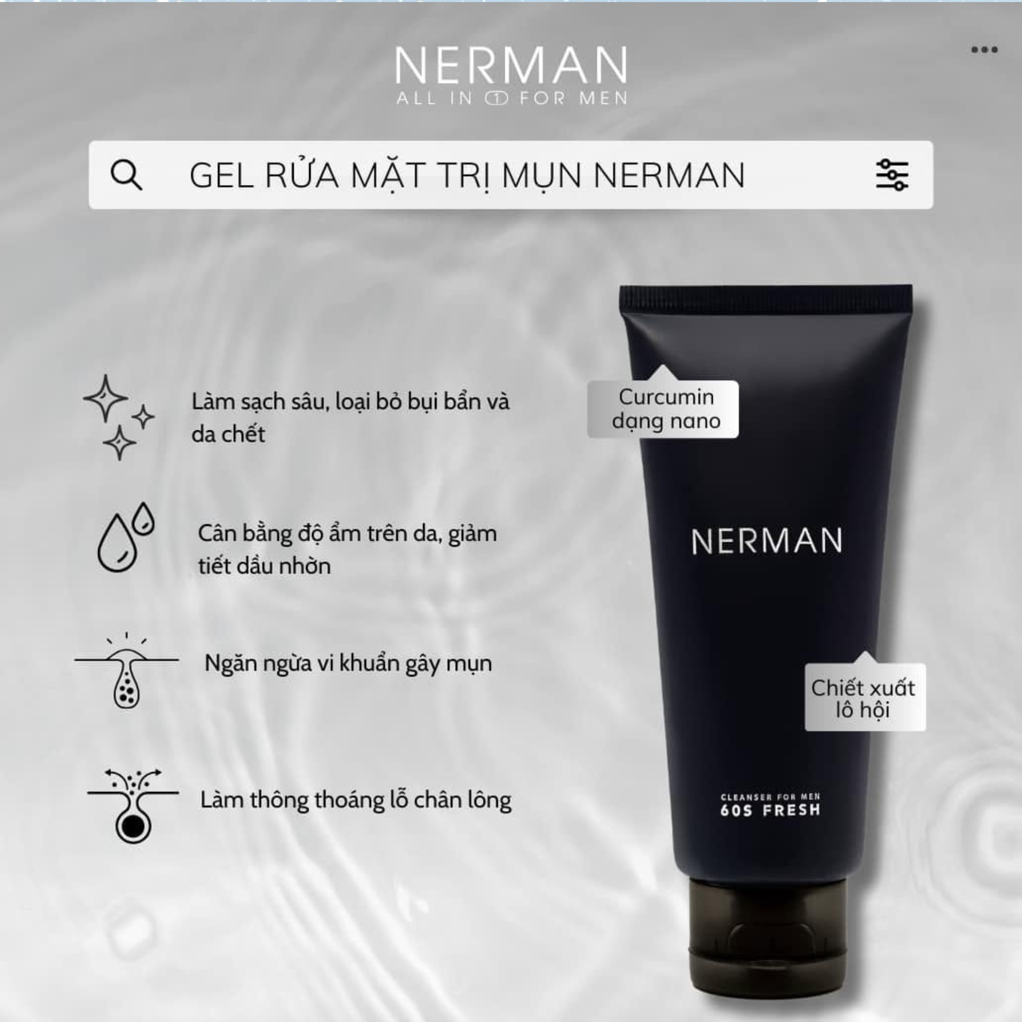 Gel rửa mặt ngừa mụn nam Nerman Nano Curcumin 60s Fresh 100ml - Ha Chi JSC