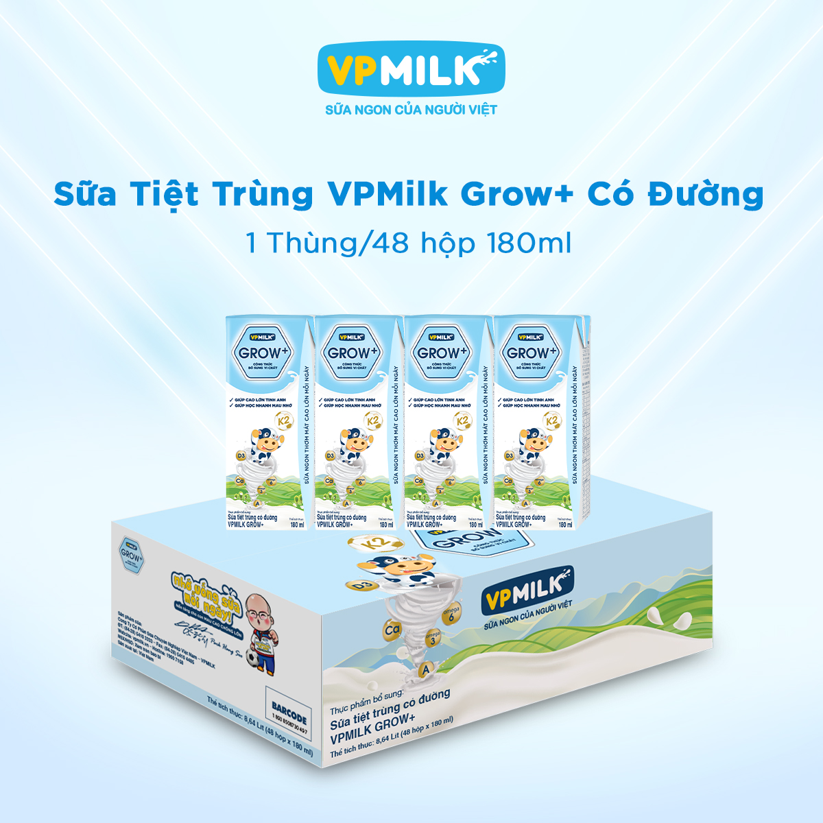 [Thùng 48 Hộp 180ml] Sữa Tiệt Trùng VPMilk Grow+ Có Đường Cho Bé Từ 1 Tuổi