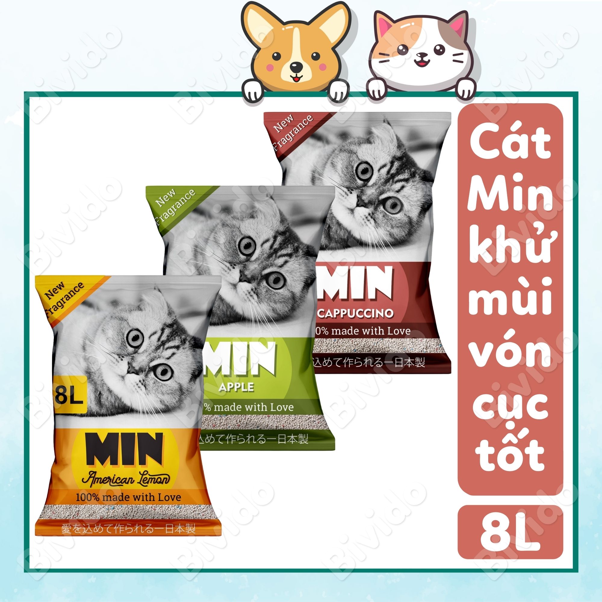 Cát vệ sinh cho mèo Min mùi cafe khử mùi, vón cục tốt bao 8L - Bivido Pet Shop