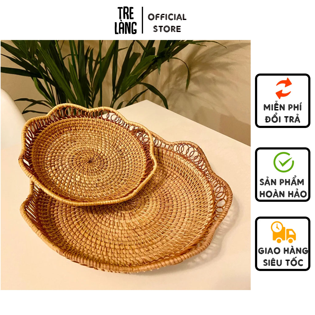 Rổ Mây Tre Đan Tre Làng Vành lượn sóng Kích thước 23cm - 30cm - Rổ mây đựng hoa quả , bánh kẹo, đồ khô - Rattan basket tray
