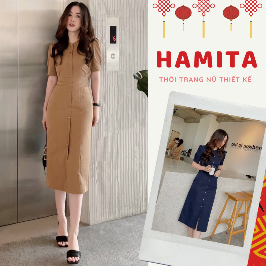 Váy kaki v41 dáng dài, tay bồng, hàng cúc dọc - Siêu tôn dáng,