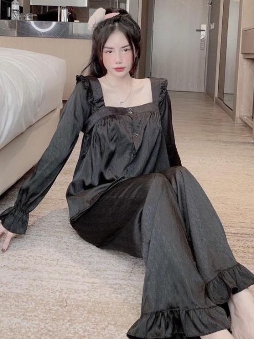 Bộ ngủ pijama dài tay cổ vuông nữ ,set bộ đồ ngủ tiểu thư tay dài quần dài dễ thương