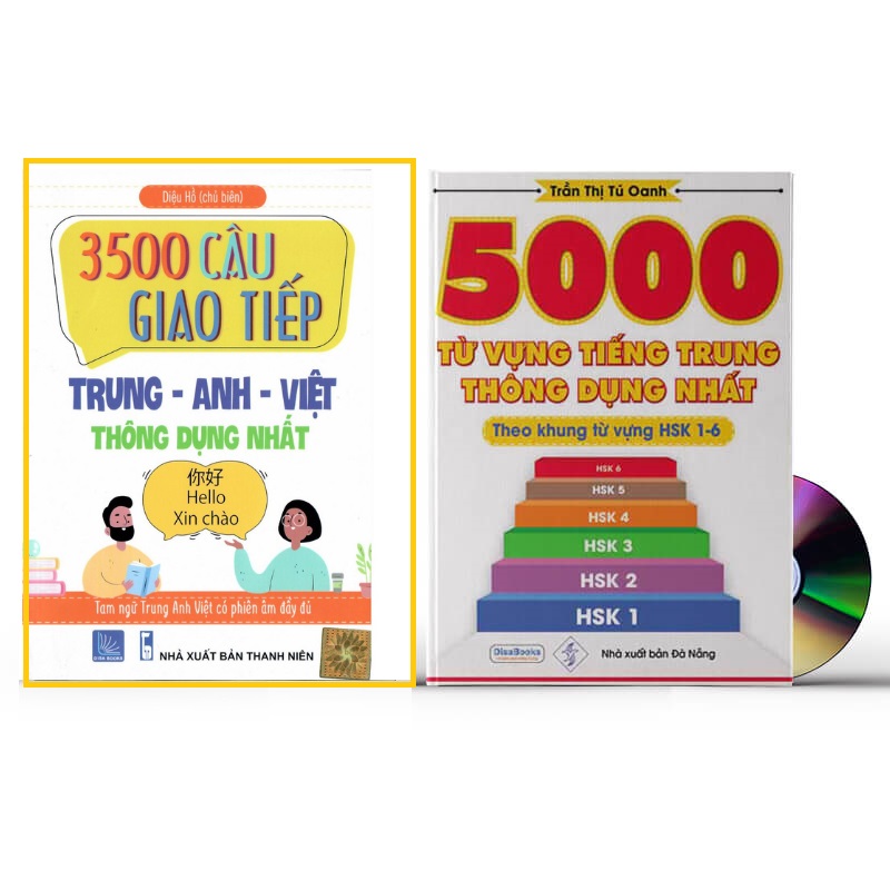 [HCM]Combo 2 sách: 5000 từ vựng tiếng Trung thông dụng nhất+ 3500 Câu Giao Tiếp Anh – Trung - Việt+ DVD quà tặng kho tài liệu 20G
