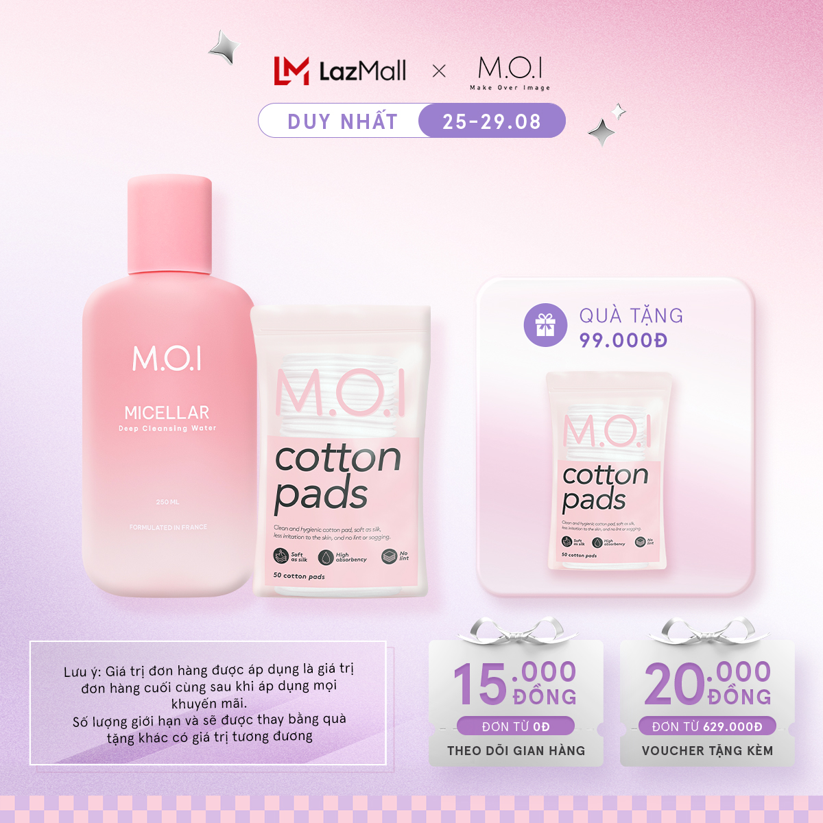 Bộ đôi M.O.I Nước tẩy trang M.O.I Micellar Deep Cleansing Water và Bông tẩy trang