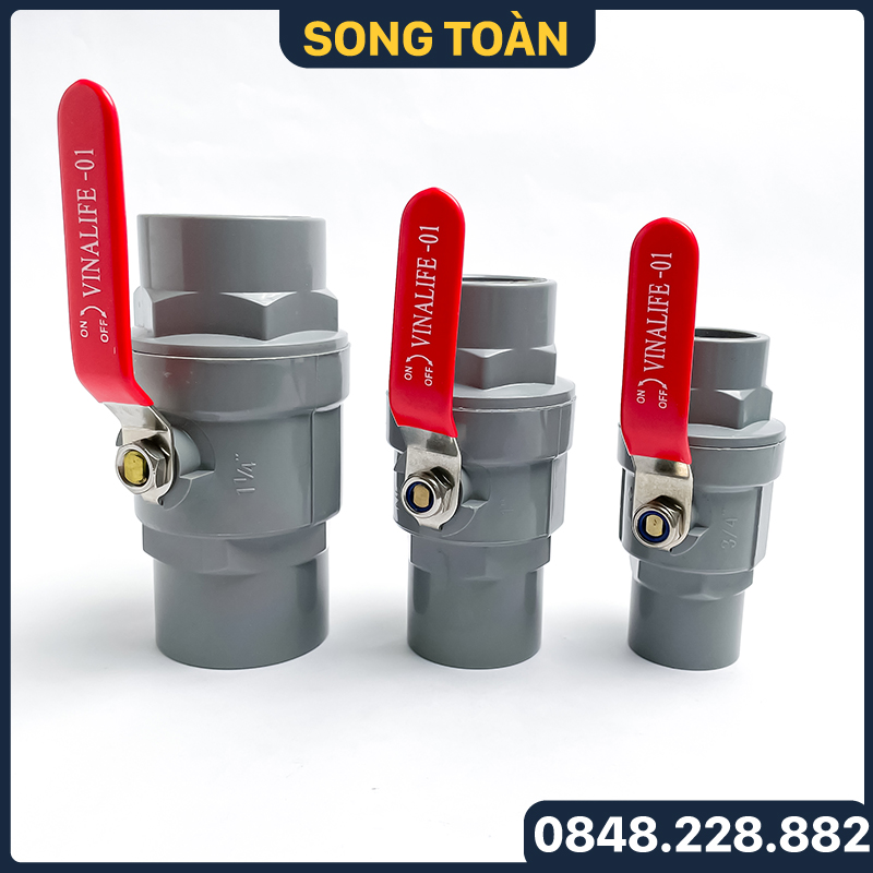 Van nhựa tay gạt inox, van nhựa bi chặn inox tay gạt 90 độ phi 21 27 3 4 42 49 60
