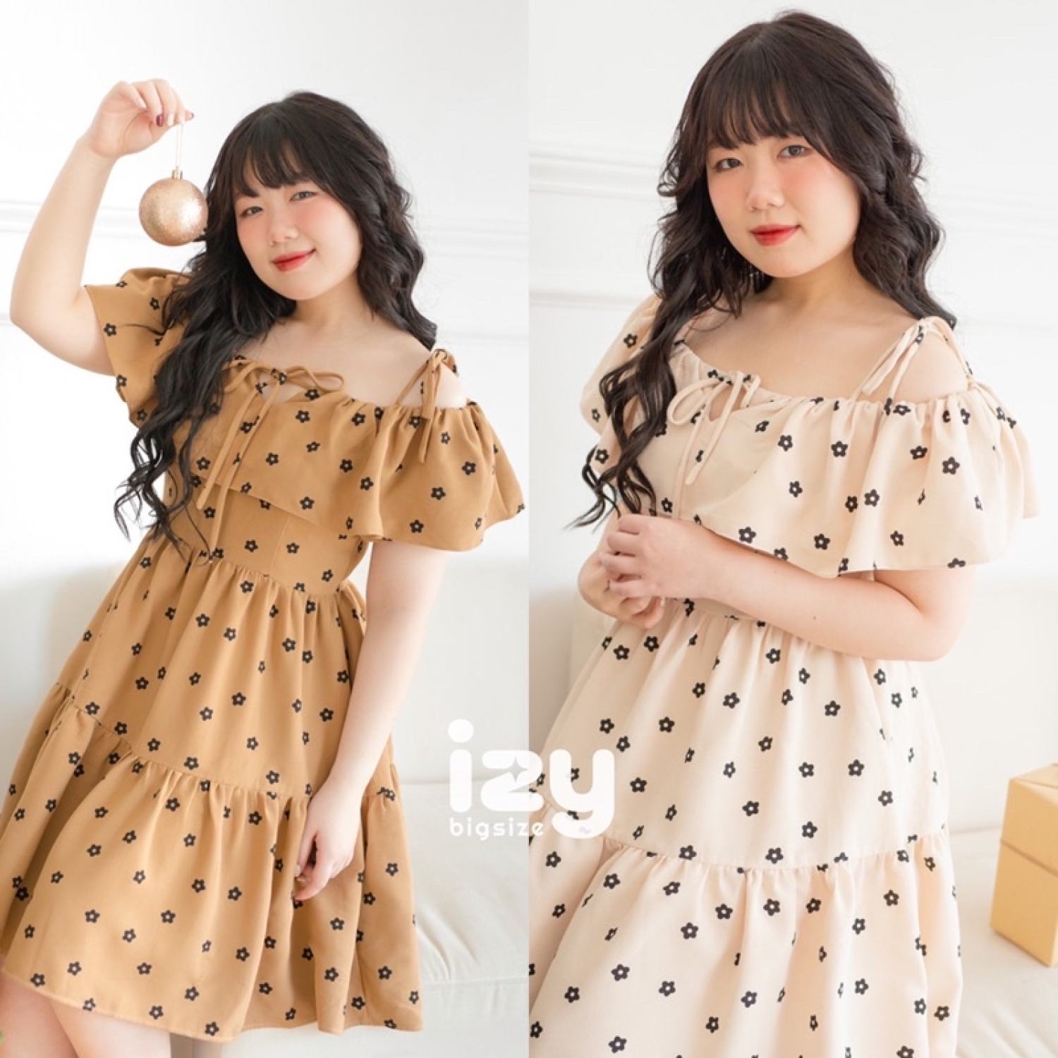 Váy đầm bigsize trễ vai buộc nơ hoa nhí xốp - izybynhi