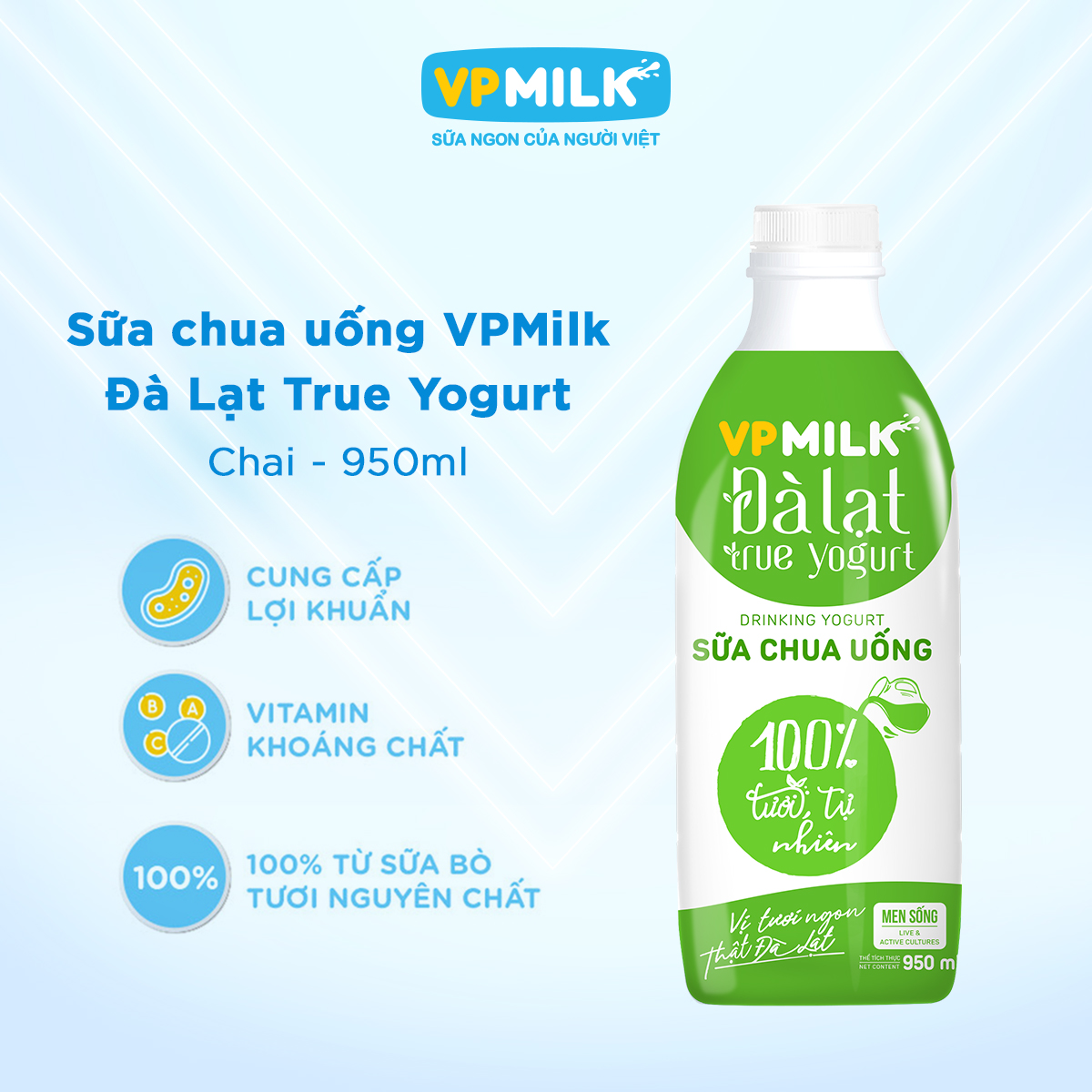 [VẬN CHUYỂN HỎA TỐC HCM] Sữa Chua Uống VPMilk Đà Lạt True Yogurt chai 950ml