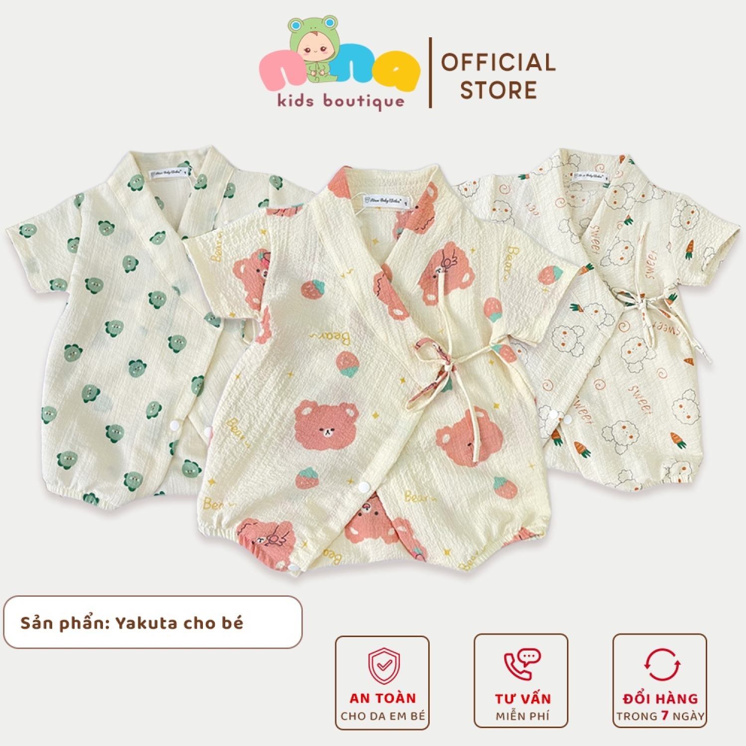 Bộ body yukata hình thú cho bé nina kids body đùi cộc tay cho bé trai bé gái size 0 đến 24 tháng