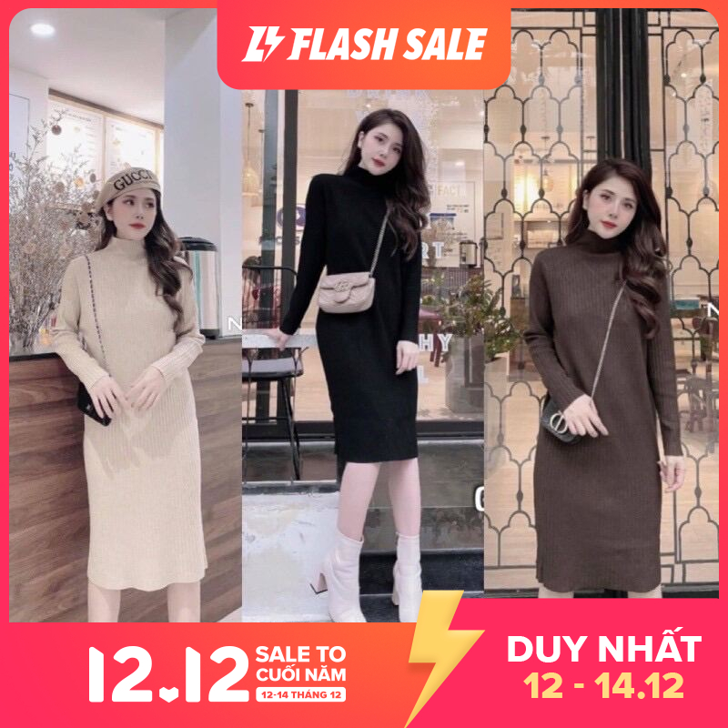 Váy len tăm - đầm len tăm cổ 3p from suông dáng dài hàng đẹp