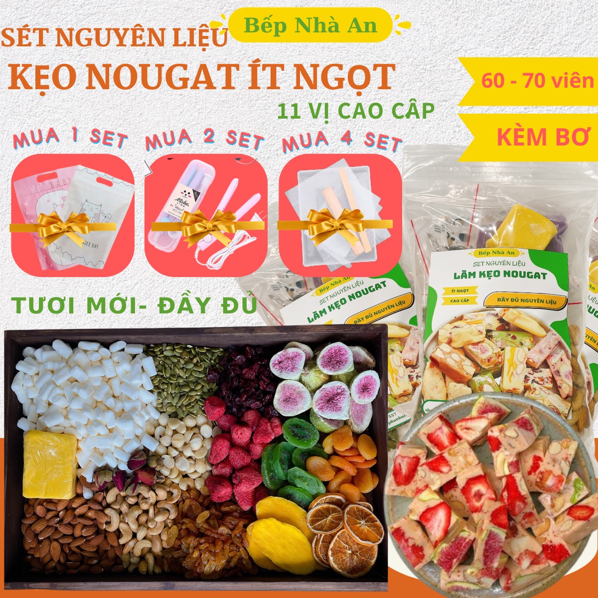 Set Nguyên liệu làm kẹo Nougat Hồng Trà Bá Tước mix Sung Sấy 60-70 viên