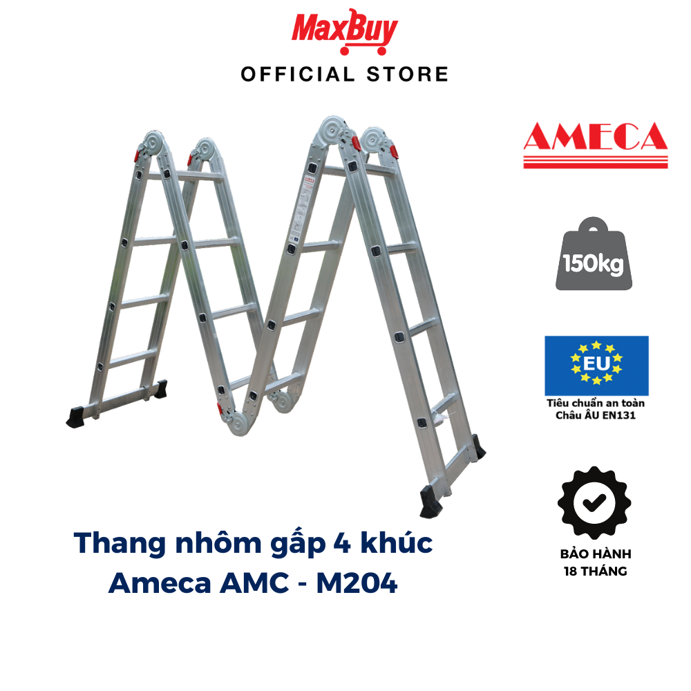 Thang nhôm gấp đa năng 4 bậc 4 khúc Gấp gọn Linh hoạt Chiều cao Amax 2m29 Imax 4m7 Bảo hành 18 tháng Ameca AMC M204