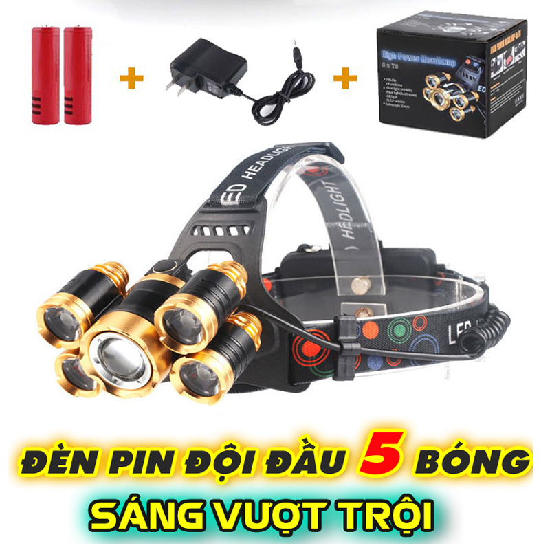 Đèn pin đội đầu 5 bóng - Đèn đeo bắt ếch đi đêm - Đèn đeo 5 bóng siêu sáng - Tặng kèm Pin và Cục Sạc - Công Nghệ đèn LED cao cấp - Độ sáng mạnh cự ly chiếu sáng xa - Có 4 chế độ chiếu sáng tiện lợi - Có Bảo Hành