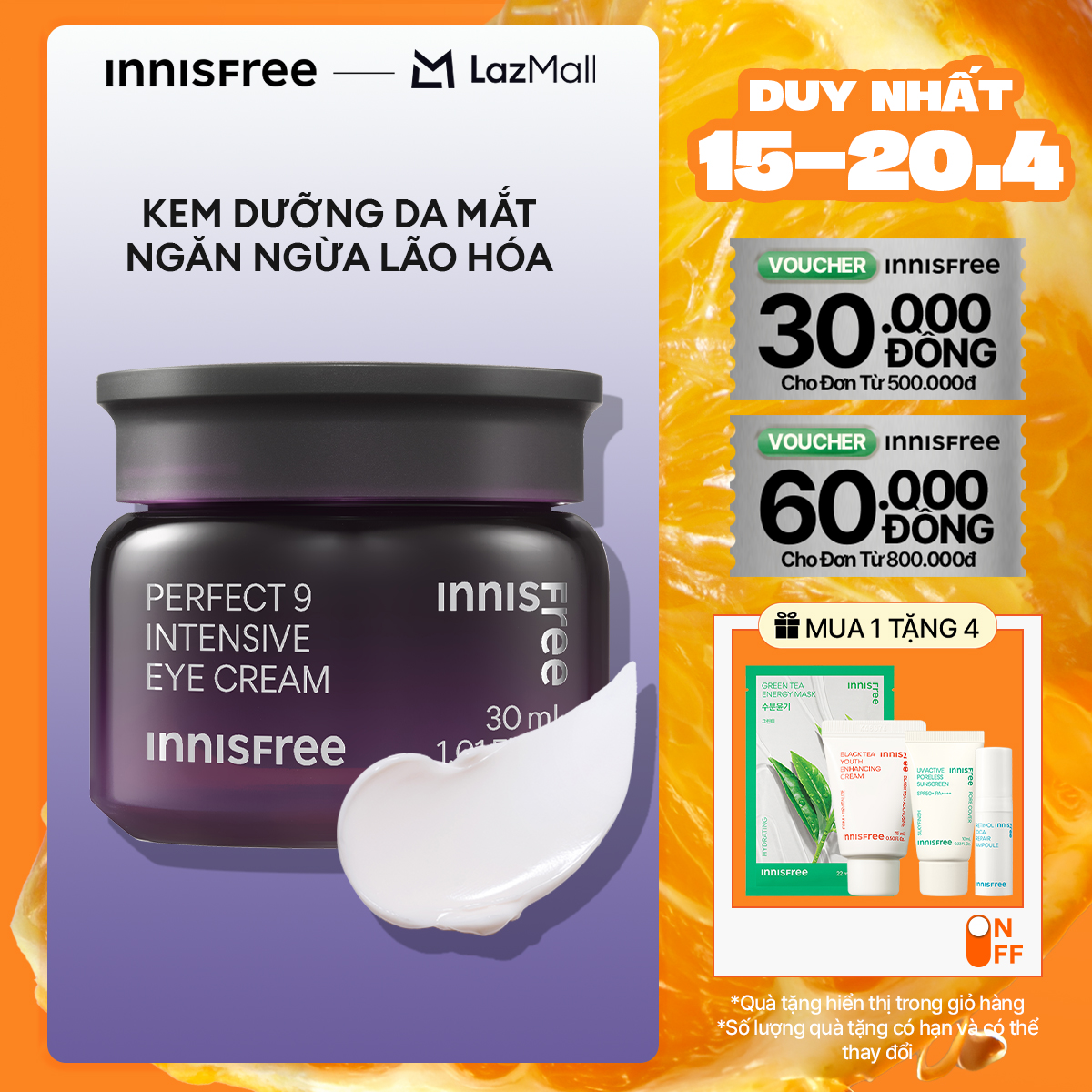 Kem dưỡng vùng da mắt ngăn ngừa lão hóa chuyên sâu INNISFREE Perfect 9 Intensive Eye Cream 30 mL