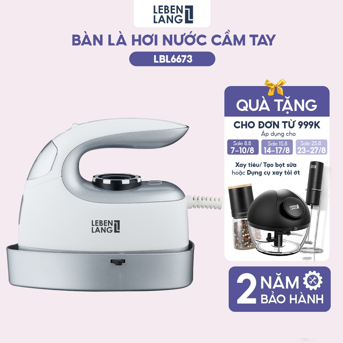 Bàn là hơi nước cầm tay mini Lebenlang LBL6673, bàn ủi hơi nước cầm tay công suất 1000W, bình chứa 90ml - hàng chính hãng