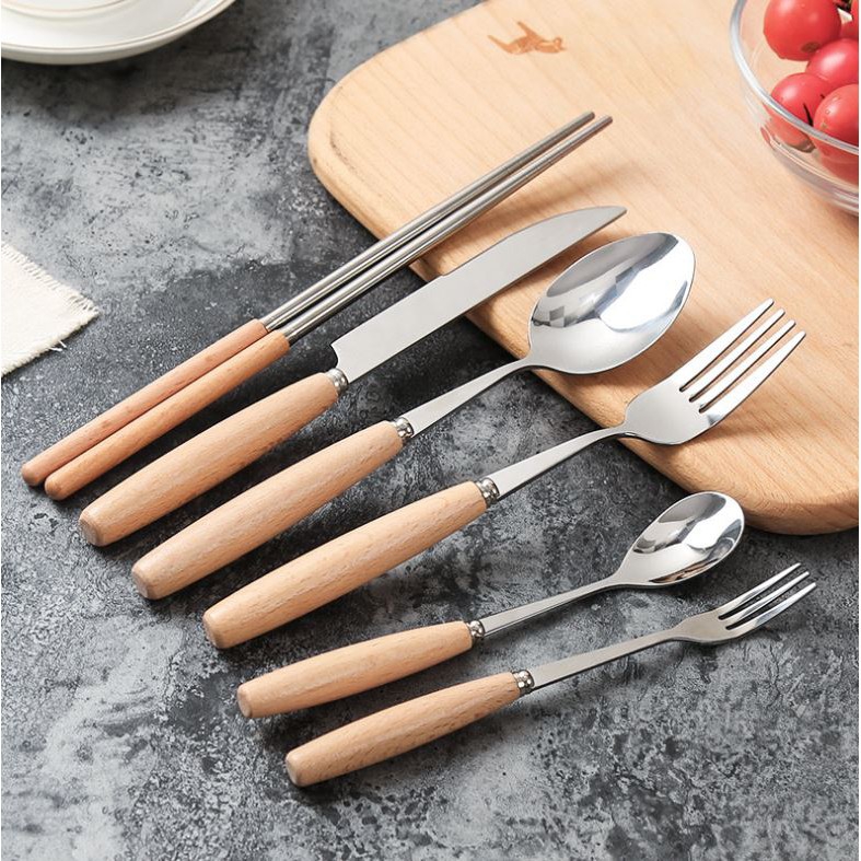 Bộ dao dĩa đũa thìa cán gỗ nhập khẩu Z01