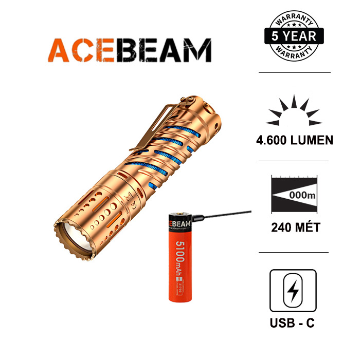 Đèn pin siêu sáng acebeam e70 copper led xhp70.2 bản đồng đỏ sáng 4600 lumen, chiếu xa 240m, pin sạc 21700 5100mah usb-c đèn đèn pin