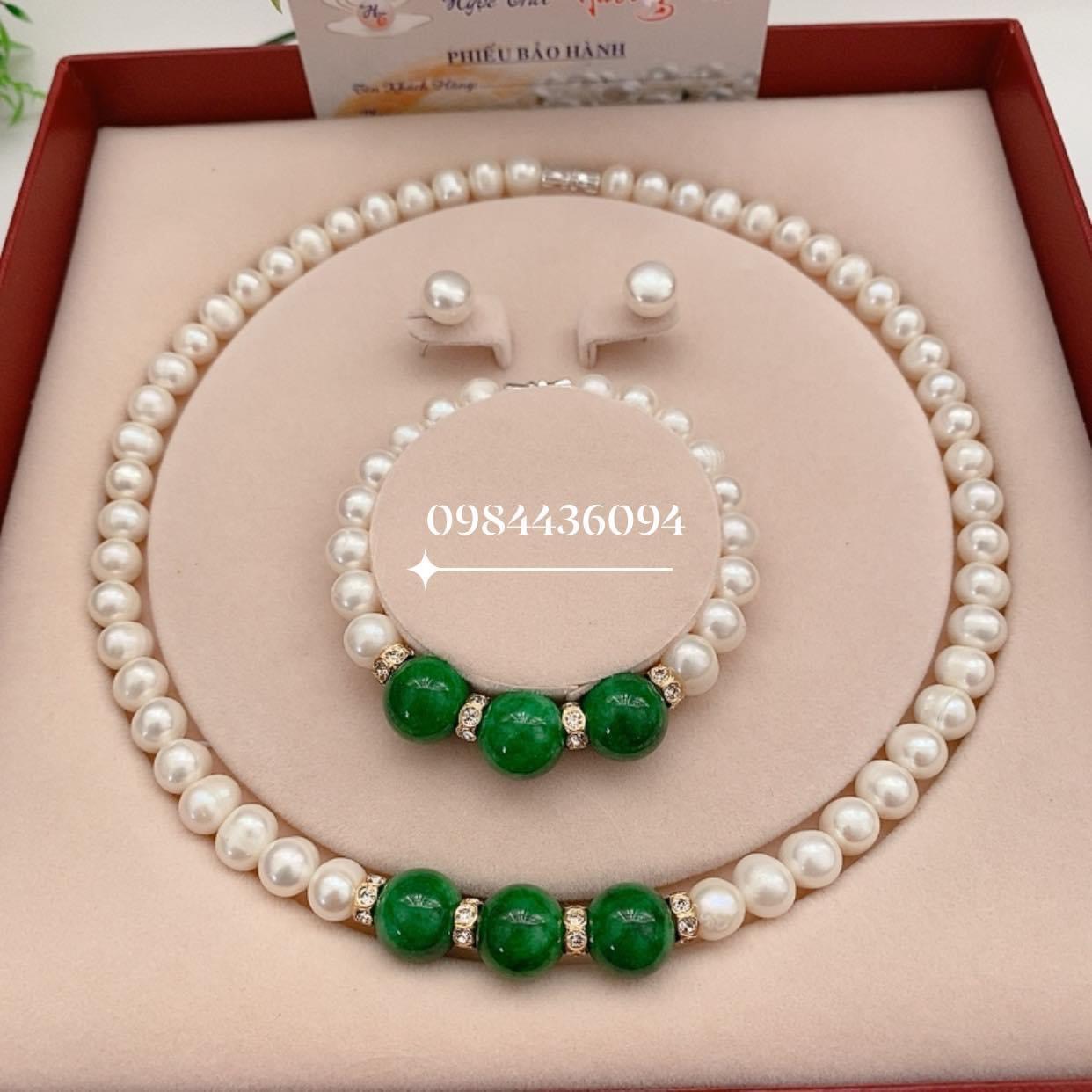 Tặng kèm hoa tai nụ bộ chuỗi ngọc trai thật phối đá phỉ thuý tự nhiên phát tài lộc