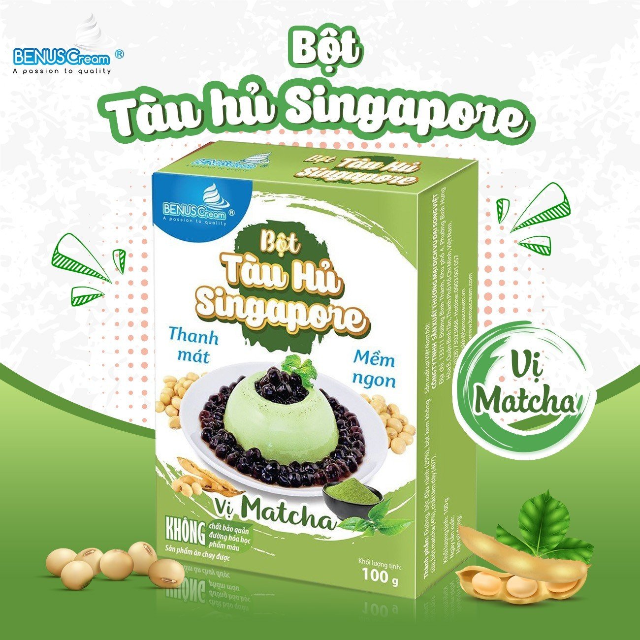 Hộp XANH LÁ 100g BỘT TÀU HỦ SINGAPORE VỊ MATCHA BENUSCREAM VN Matcha Tofu