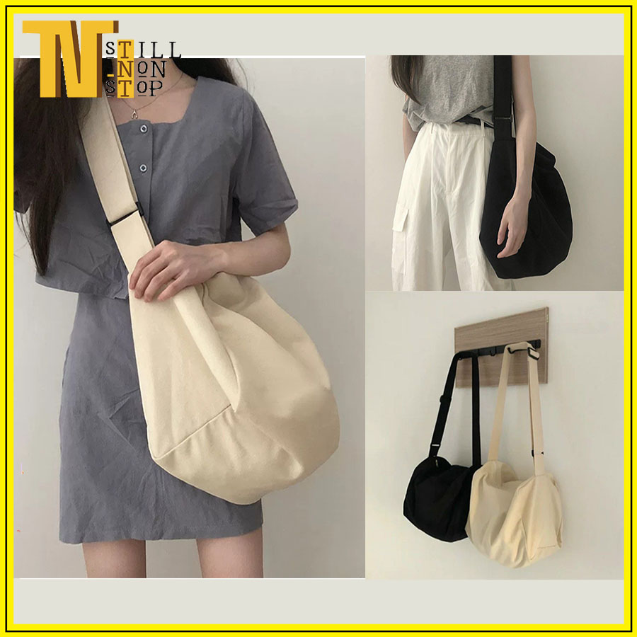 TÚI TOTE ĐEO CHÉO TRỐNG SIU TO CÓ KHÓA KÉO & TÚI CON VẢI CANVAS PHONG CÁCH ULZZANG ĐỂ ĐƯỢC SÁCH ĐỒ THOẢI MÁI