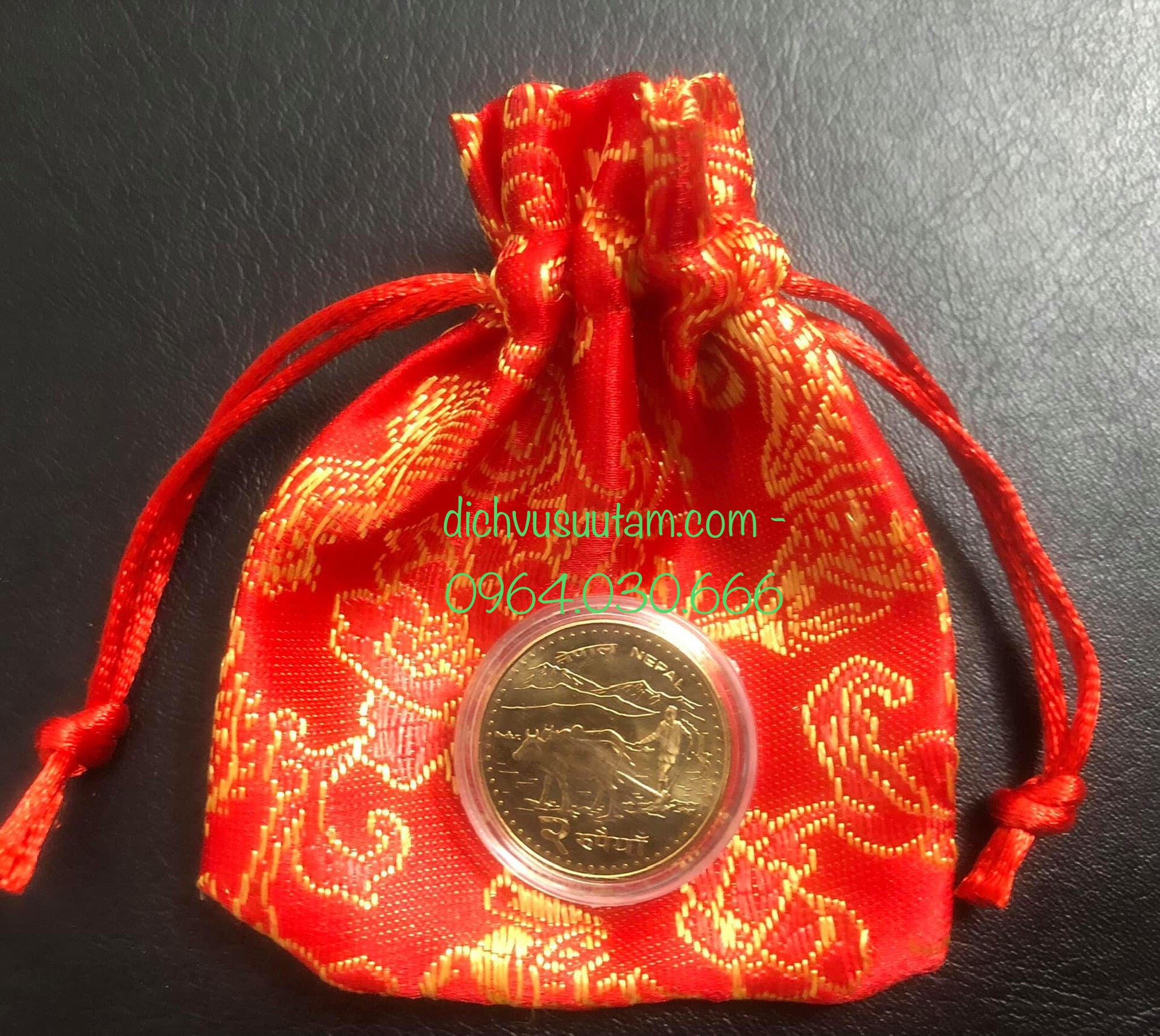 Đồng xu con Trâu Nepal lưu niệm, tặng kèm túi gấm may mắn