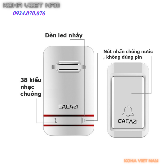 Chuông cửa không dây, không dùng pin, chống thấm nước Cacazi - Chuông Cacazi không dùng pin