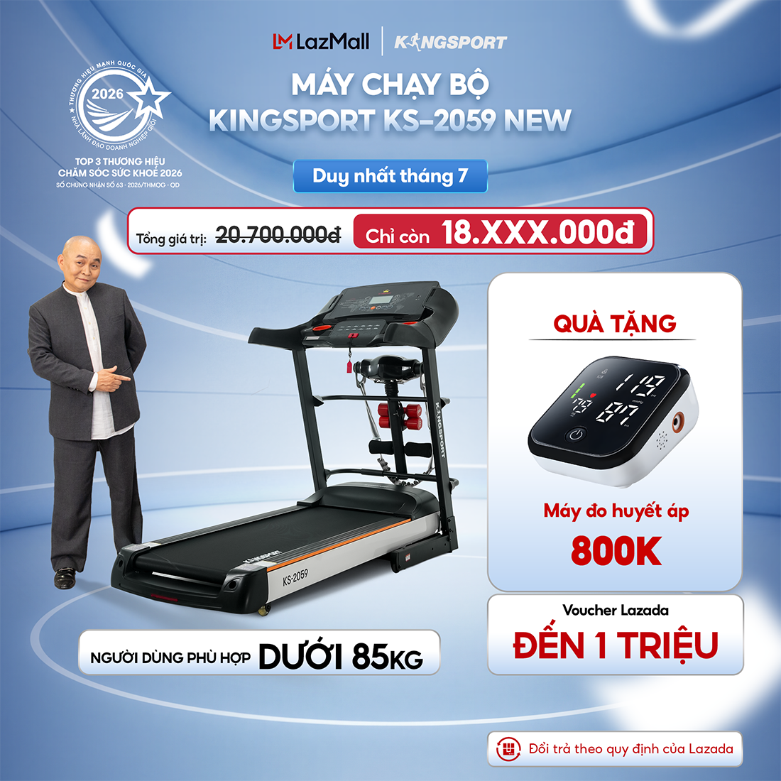 Miễn phí lắp đặt | máy chạy bộ kingsport ks-2059 new nâng dốc tự động 18%, tốc độ tối đa 18km/h, kèm đai massage và thanh gập bụng