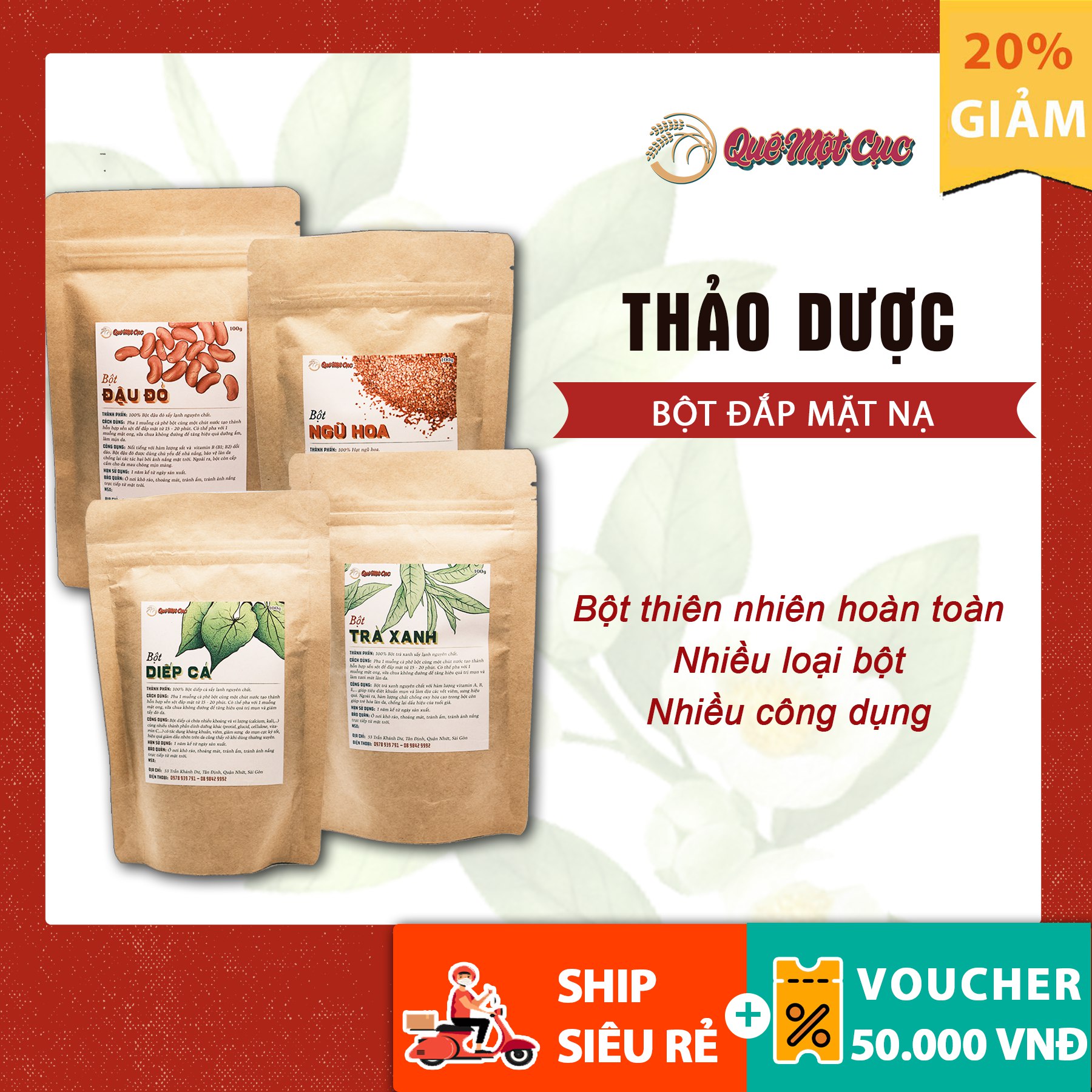 [HCM]Bột mặt nạ dưỡng da thiên nhiên 9 loại mask bột bán chạy tại QUÊ MỘT CỤC 100g (bột thiên nhiên)