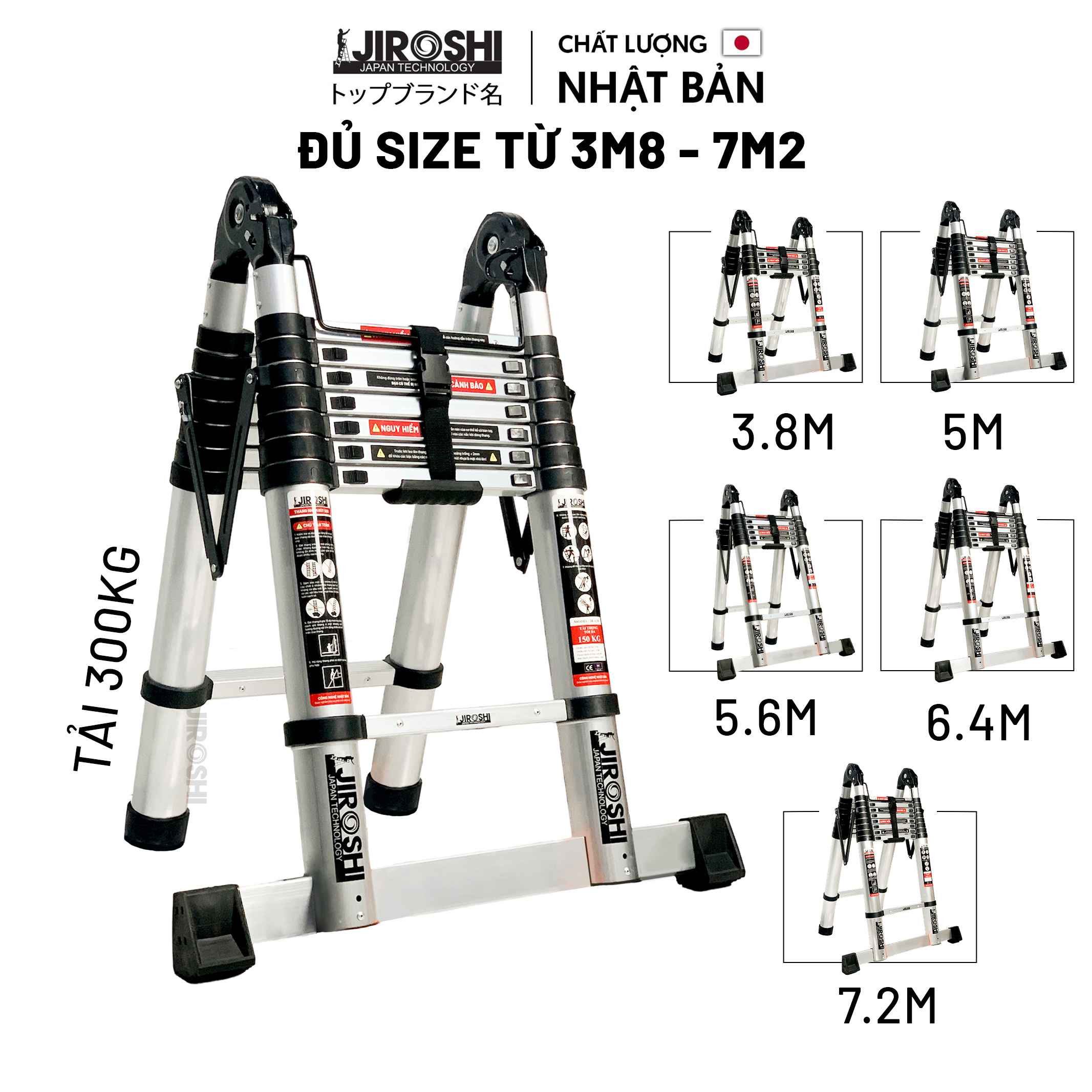 Thang nhôm rút chữ A Jiroshi 3m8 - 5m - 5m6 - 6m4 - 7m2, thang xếp chữ A  chữ I chất lượng cao new 2023 nhật bản