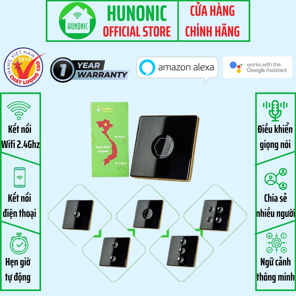 Công Tắc Cảm Ứng Hunonic Premium Hình Vuông Viền Vàng, Công Tắc Thông Minh Wifi Điều Khiển Từ Xa Bằng Điện Thoại