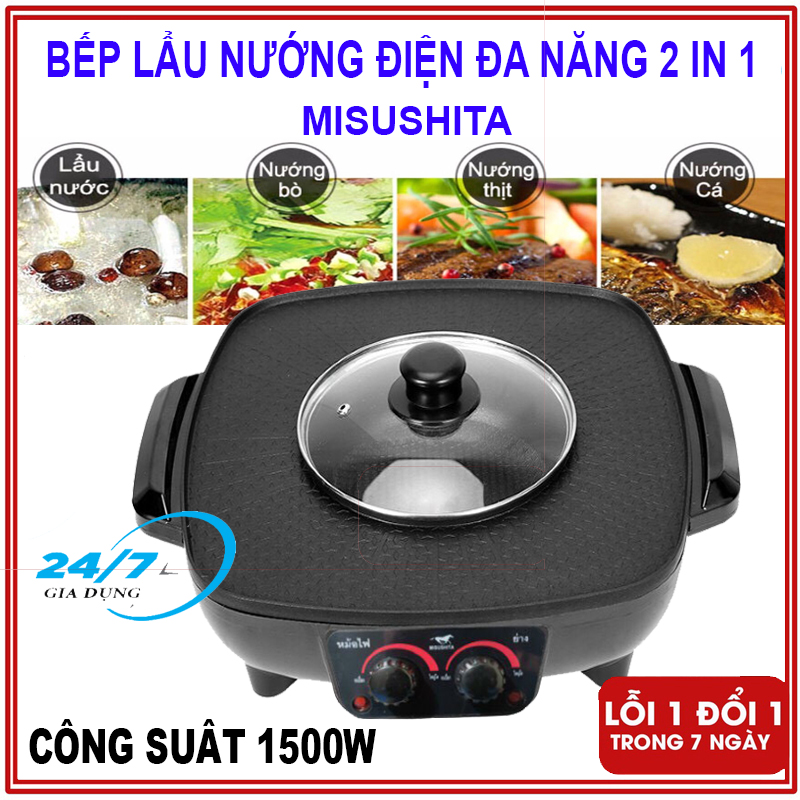 Bếp lẩu nướng đa năng misushita thái lan, bếp lẩu nướng đa năng 2 trong 1, nồi lẩu nướng, nồi lẩu nướng điện misushita, bếp lẩu nướng không khói công xuất vượt trội, mặt nồi chống dính dễ dàng vệ sinh