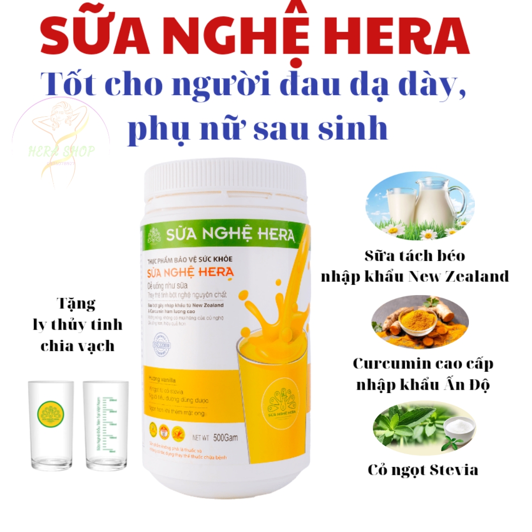 [FREESHIP+QUÀ] Sữa Nghệ Hera 500g, Hỗ Trợ Chữa Đau Dạ Dày, Tốt Cho Mẹ Sau Sinh, Lợi Sữa, Đẹp Da- Tặng Cốc Thuỷ Tinh Chia Vạch