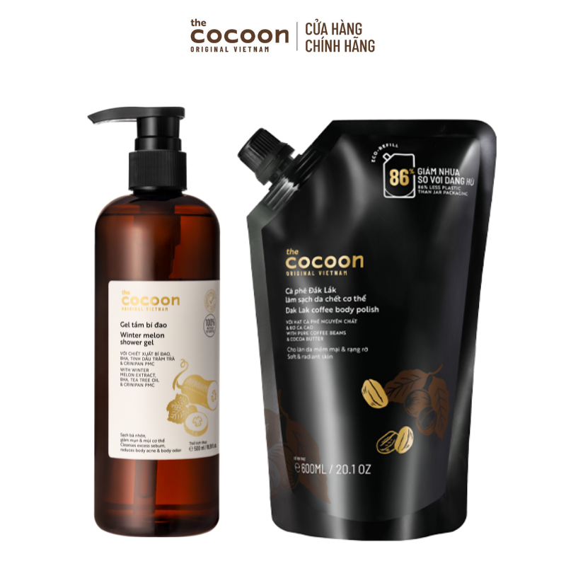 COMBO 1 Túi Refill Cà phê Đắk Lắk làm sạch da chết cơ thể Cocoon 600ml + Gel tắm bí đao 500ml
