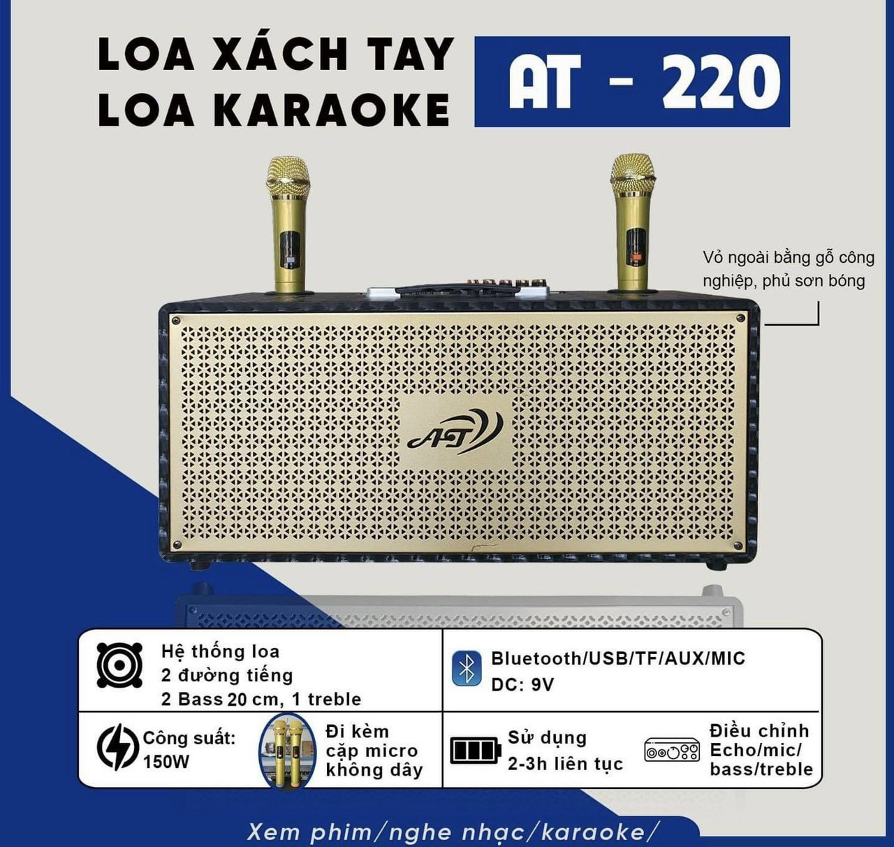 Loa karaoke AT PRO 220 (2 bass 20) đi kèm 2 micro không dây (Tặng kèm 2 cặp pin)