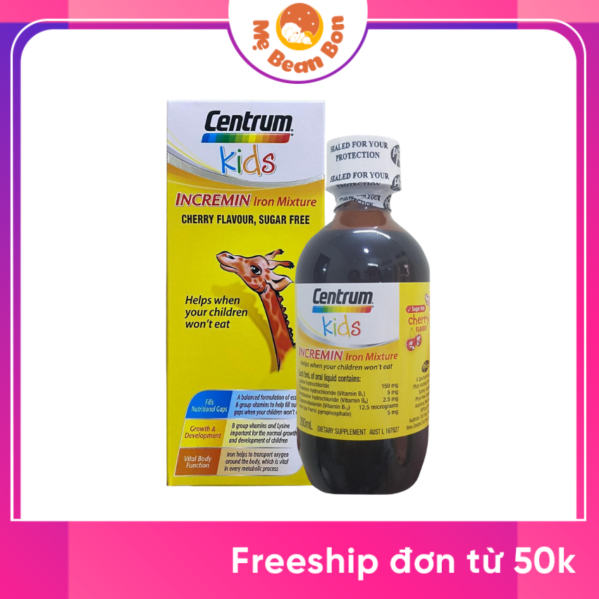 Siro Centrum Kids Incremin Iron Mixture Úc 200ml giúp bé biếng ăn ăn ngon miệng hấp thu tốt hơn từ 6 tháng tuổi phù hợp với các bé kém ăn biếng ăn chậm lớn