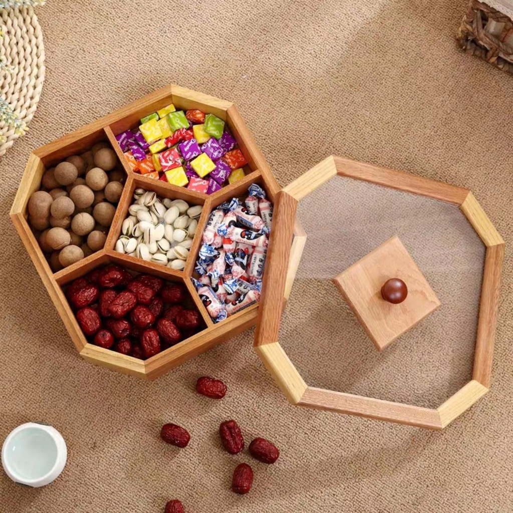 Khay bánh mứt bằng gỗ đàn hương loại 9 ngăn, 5 ngăn, đồ đựng mứt kẹo Tết: 13.40