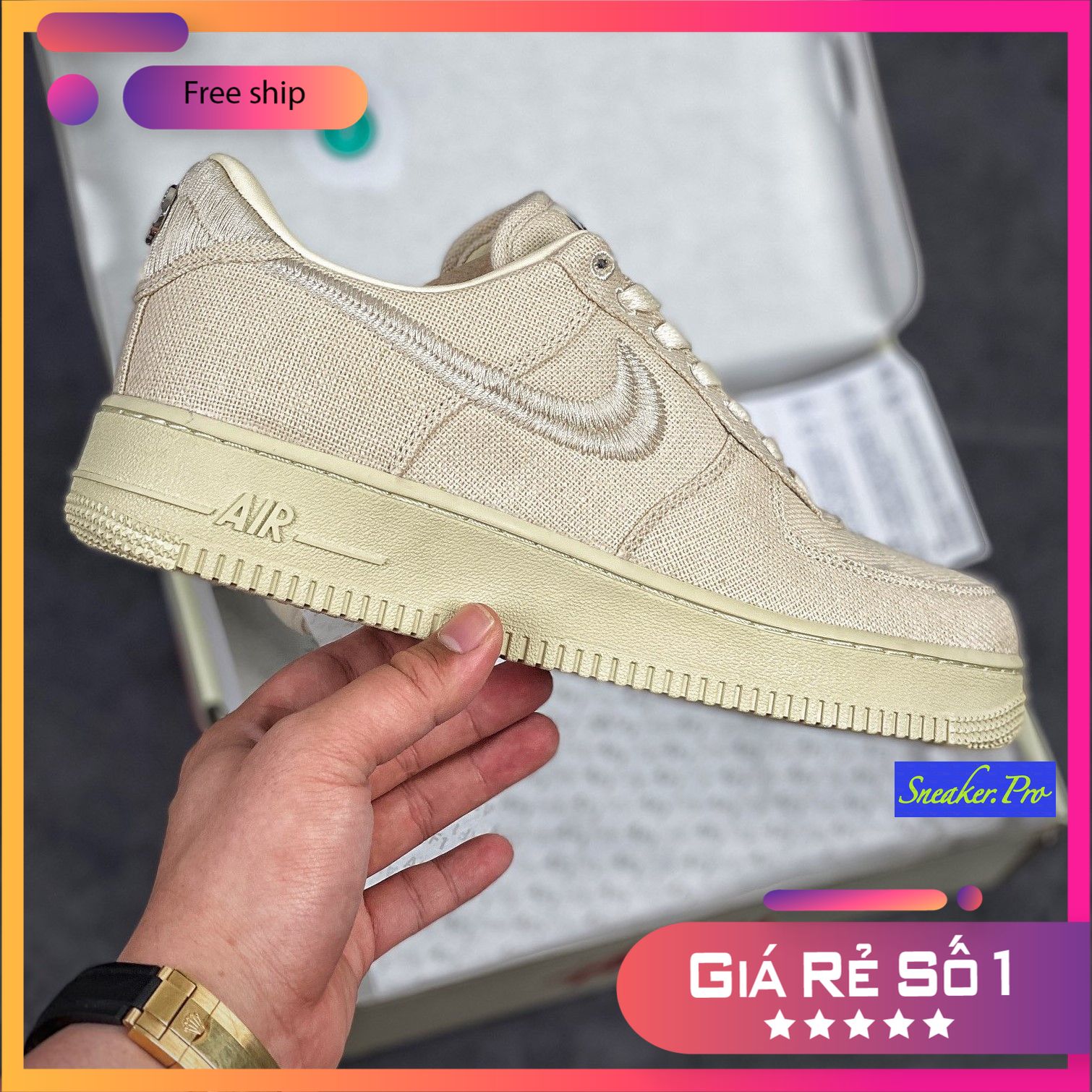 Giày thể thao sneaker Air Force 1 Low Stussy Fossil trắng sữa, đường kim sắc sảo, êm đẹp, mẫu siêu hot hit giới trẻ, nam nữ