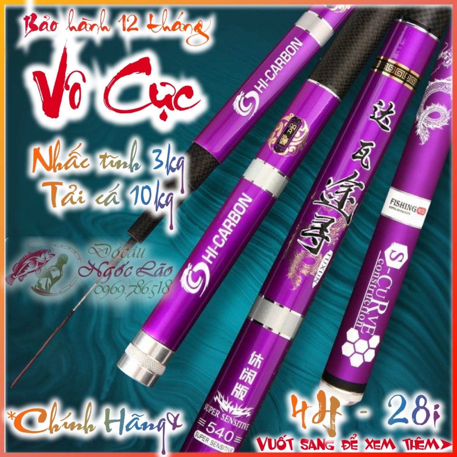 Cần câu cá siêu ngon vô cực 4h cực tốt - carbon 28 100% - cần câu tay, câu đơn, câu đài...