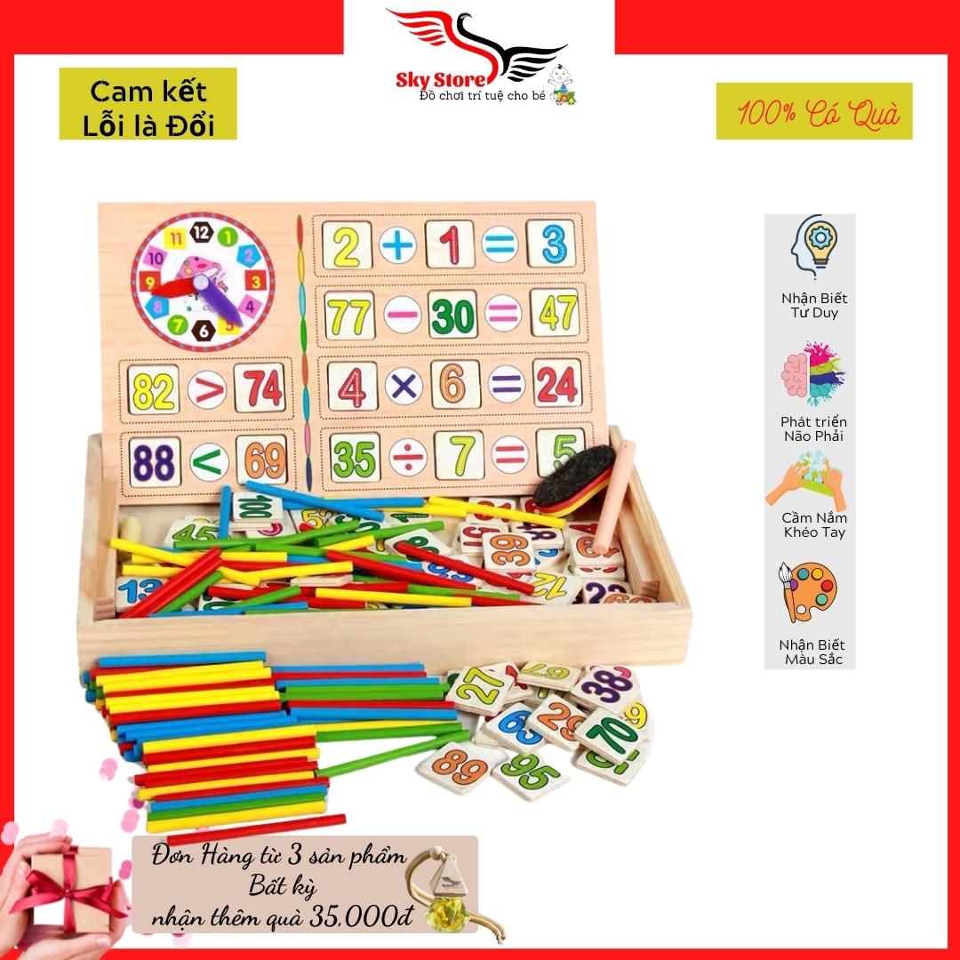 Giáo cụ Montessori Bộ đồ chơi học toán tư duy thông minh cho bé lớp 1, tích hợp que tính học toán, thẻ học toán, thẻ số đếm, bảng viết cho bé - Sky Store