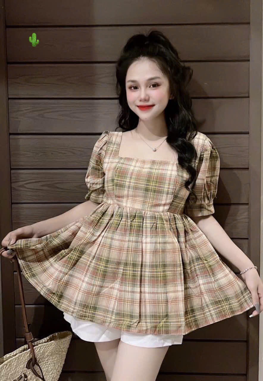 Áo kiểu nữ babydoll tay bồng cổ vuông lưng cột nơ 2 màu caro màu đậm dễ thương- chỉ áo ko có quần PC