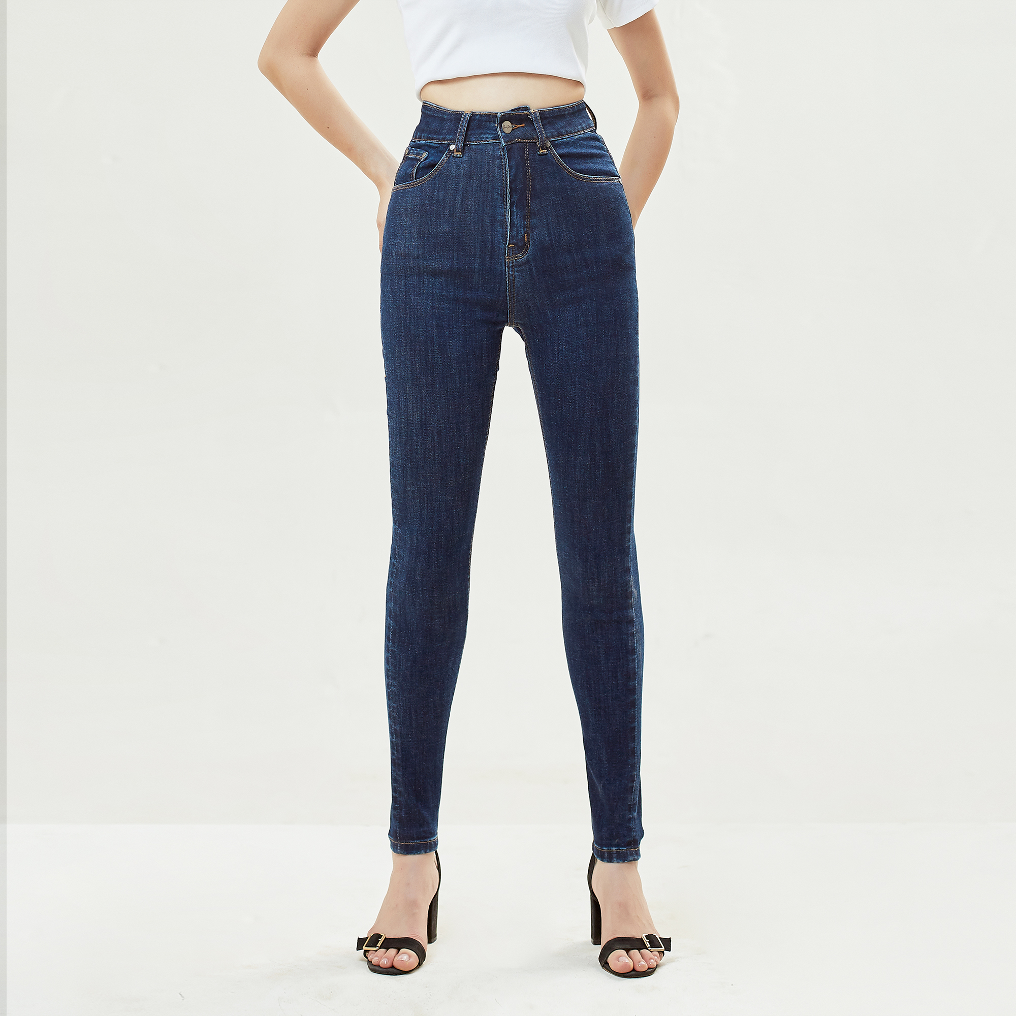 Quần bò nữ cạp cao ôm dáng skinny xanh đậm aaa jeans
