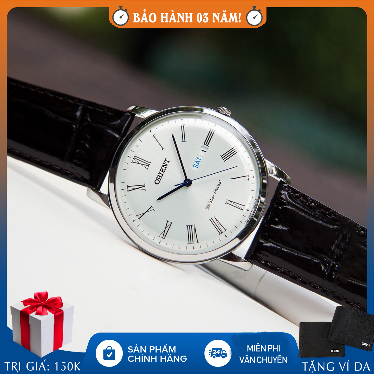 Đồng hồ nam dây da Orient Bambino FUG1R009W6 chính hãng, full box, chống nước chống xước