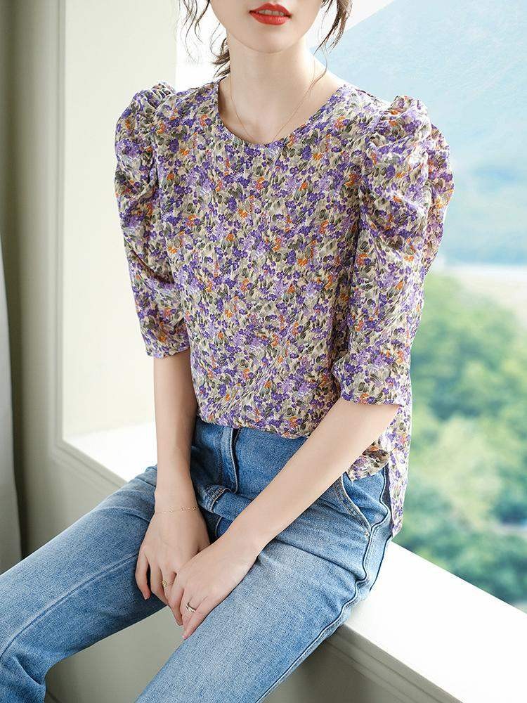 [HCM]ÁO HOA CỔ TRÒN TAY NHÚN PHỒNG SIÊU XINH