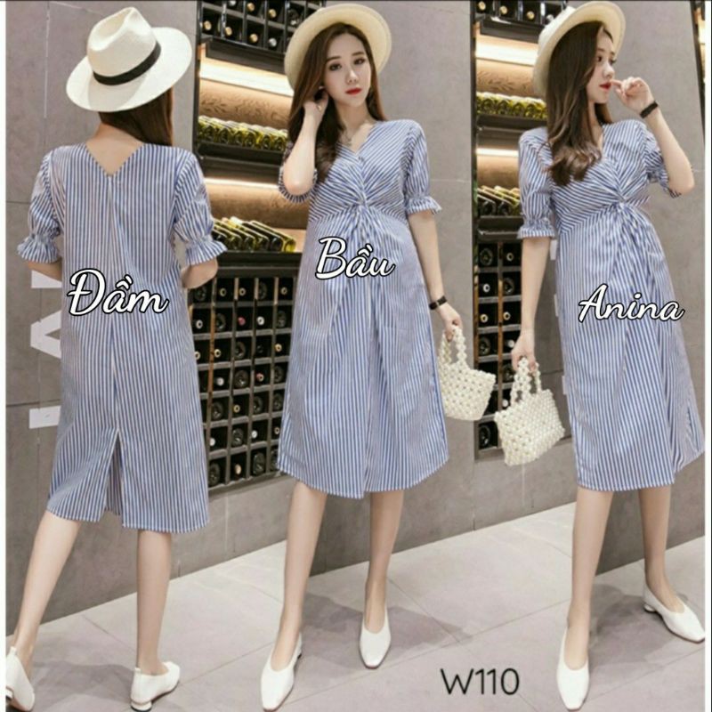 Váy bầu quảng châu xoắn eo kẻ sọc xanh trắng W110