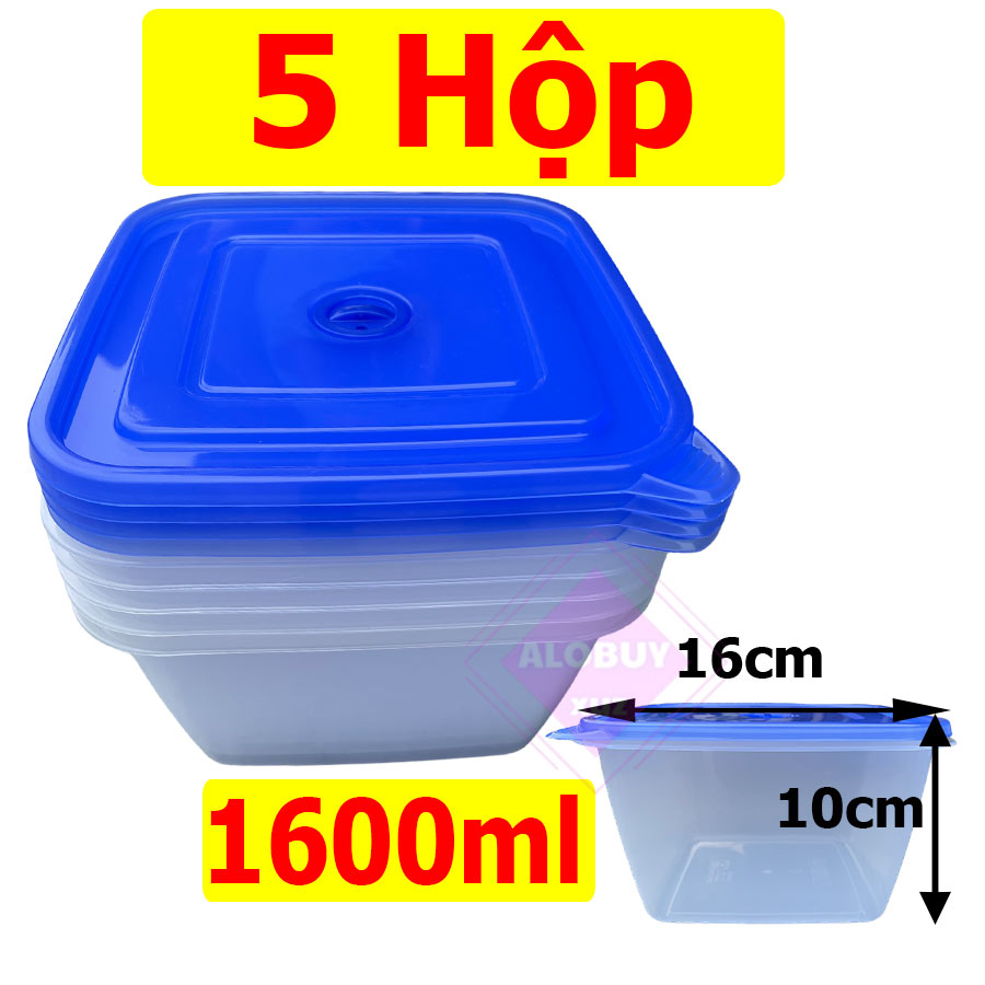 Combo 5 hộp nhựa đựng thực phẩm vuông, 1600ml - HTP22 Alomua