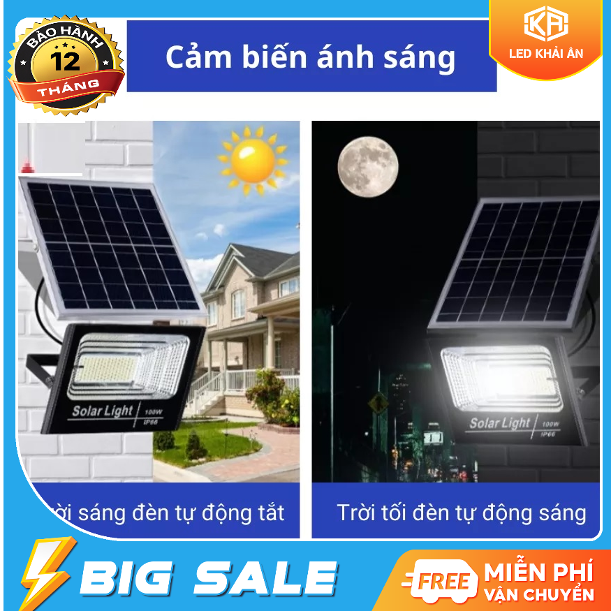 Đèn pha led Năng Lượng Mặt Trời công suất 60w 100w 200w 300w kèm tấm pin rời có remote có cảm biến tự động dây nối 3m sáng 1014h