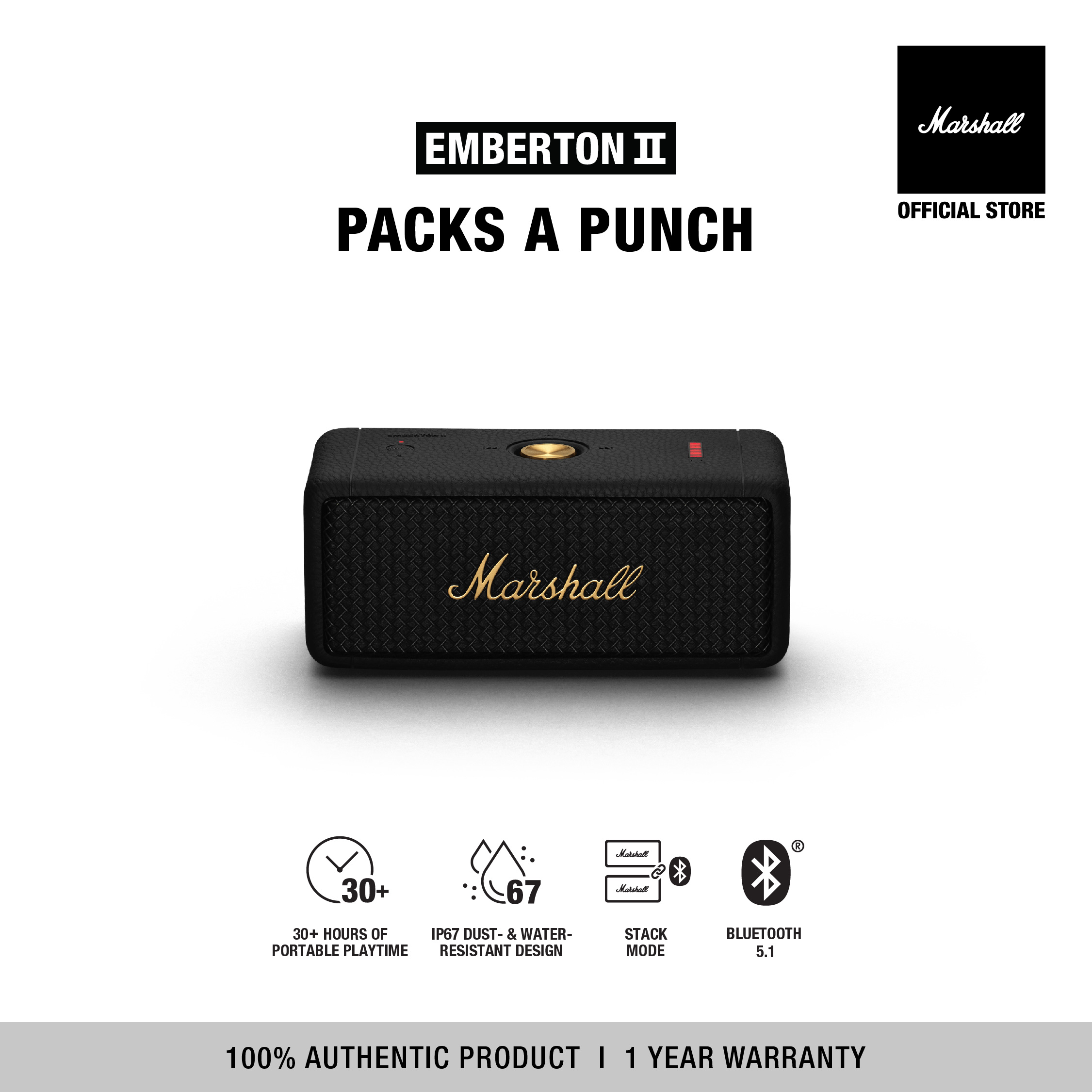 Loa Marshall Bluetooth EMBERTON II Portable Pin lên đến 30h Bảo Hành 1 Đổi 1 Trong 1 Năm